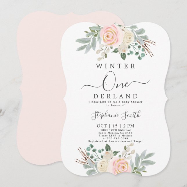 Pink Winter first Birthday Invitation (Front/Back)