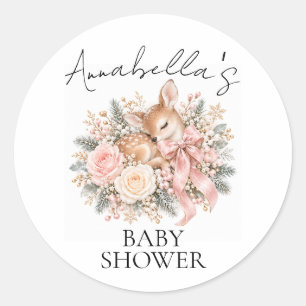 Pink Winter Floral Baby Deer & Custom Name Classic Round Sticker