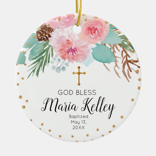 Pink Winter Floral Personalised Girl Baptism Ceramic Tree Decoration (Front)