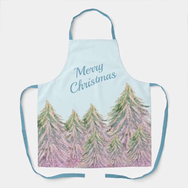 Pink Winter Forest Tree Watercolor Christmas Apron (Front)