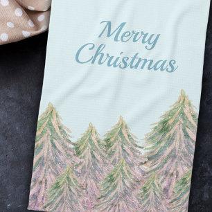 Pink Winter Forest Tree Watercolor Christmas Tea Towel
