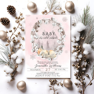  Pink Winter Fox cold outside girl Baby Shower  Invitation