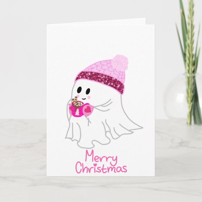 Pink Winter Ghost Merry Christmas Card (Front)