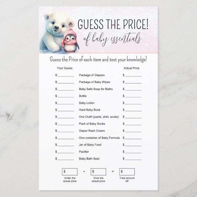 Pink Winter Girl Baby Shower Guessing Game (Front)
