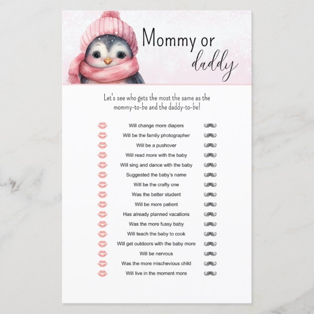 Pink Winter Girl Baby Shower Mummy or Daddy Game (Front)