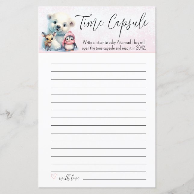 Pink Winter Girl Baby Shower Time Capsule Game (Front)