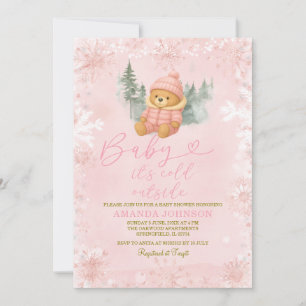 Pink Winter Girl Bear Baby It's Cold Outside  Invitation