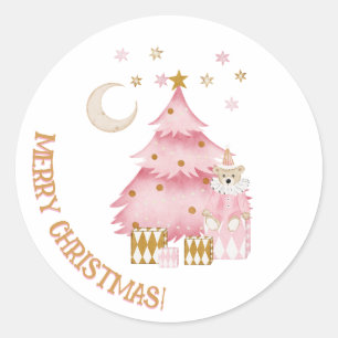 Pink winter holiday candy cotton bear classic round sticker