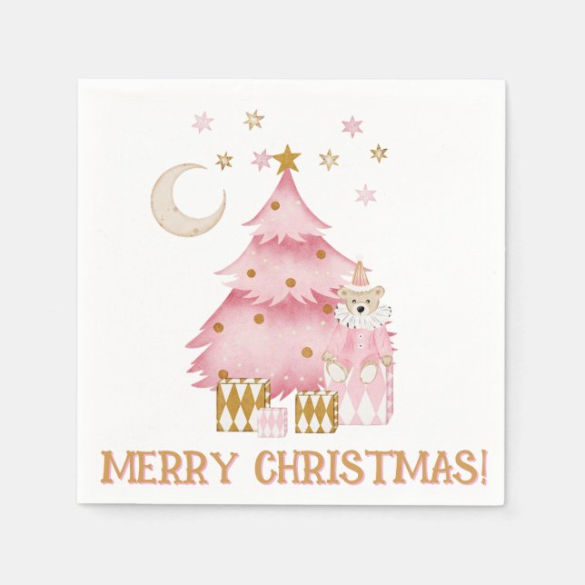 Pink winter holiday candy cotton bear napkin (Front)