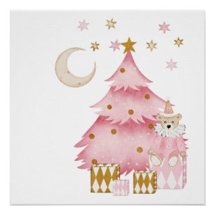 Pink winter holiday candy cotton bear poster