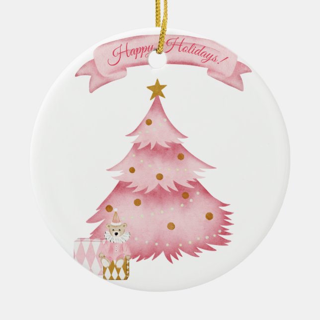 Pink winter holidays kids  holiday  ceramic tree decoration (Front)