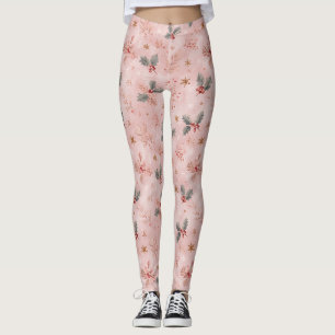 Pink Winter - Holly Leaves and Snowflakes (1) Leggings