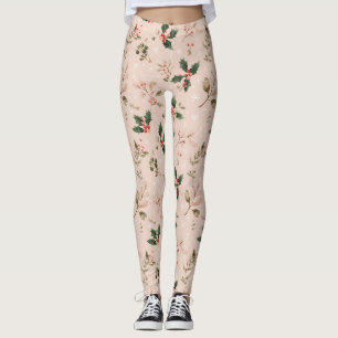 Pink Winter - Holly Leaves and Snowflakes (2) Leggings