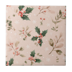 Pink Winter - Holly Leaves and Snowflakes (2) Tile