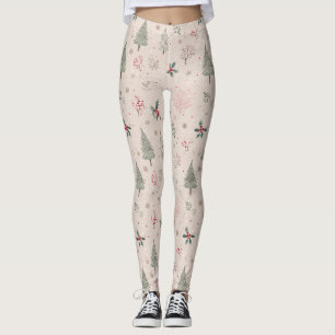 Pink Winter - Holly Leaves, Pine Tree, Snowflakes Leggings