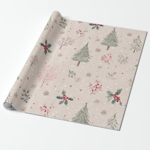 Pink Winter - Holly Leaves, Pine Tree, Snowflakes Wrapping Paper