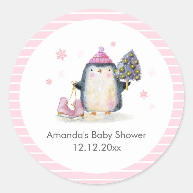 Pink Winter Ice Skate Penguin Baby Shower  Classic Round Sticker (Front)