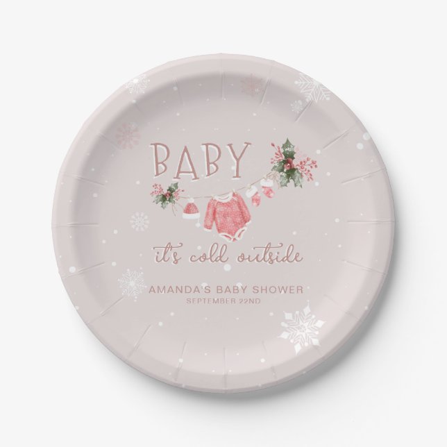 Pink Winter It's Cold Outside Baby Shower Paper Plate (Front)