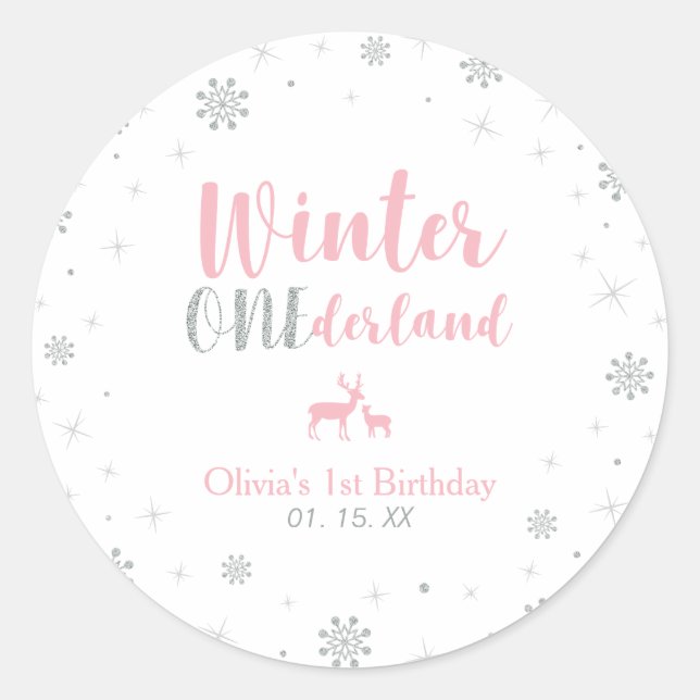 Pink Winter Onderland 1st Birthday Party Favour Classic Round Sticker (Front)