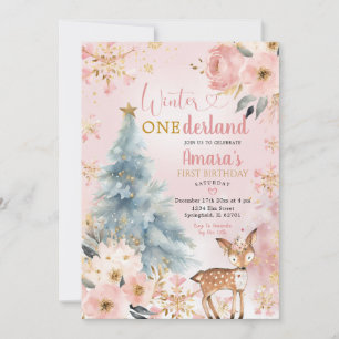 Pink Winter Onderland Floral Forest Deer Birthday Invitation