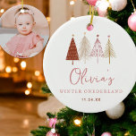 Pink Winter Onderland Girl 1st Birthday  Ceramic Tree Decoration<br><div class="desc">Pink Winter Wonderland Girl 1st Birthday  Invitations
Pink christmas trees theme is perfect for minimal and modern birthday party! Choose our pastel blush rainbow design for your kids 1st birthday party.</div>