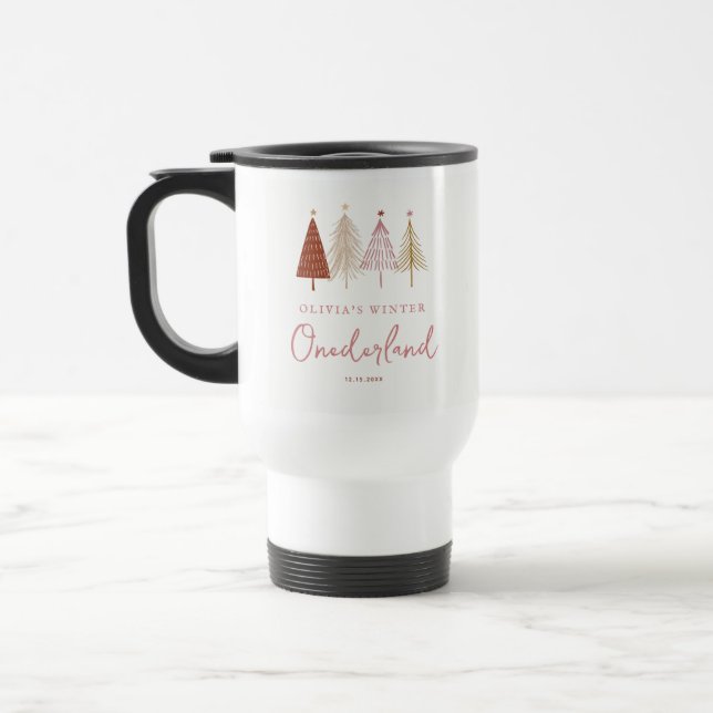 Pink Winter Onderland Girl First Birthday Travel Mug (Left)