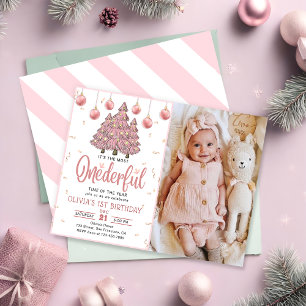 Pink Winter Onederful Christmas Trees Birthday Invitation