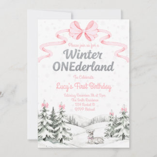 Pink Winter Onederland 1st birthday invitation