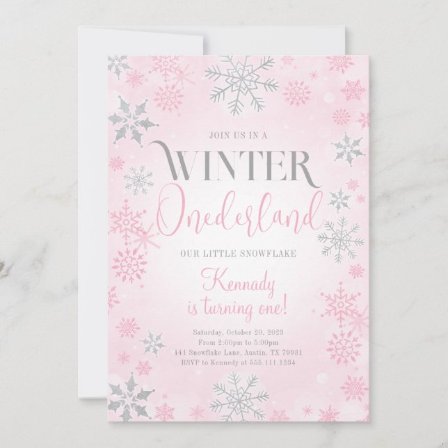 Pink Winter Onederland Birthday Party Invitation (Front)