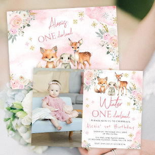 Pink winter onederland birthday photo invitation