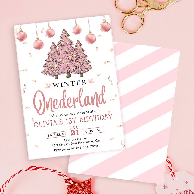 Pink Winter Onederland Christmas Trees Birthday Invitation (Creator Uploaded)