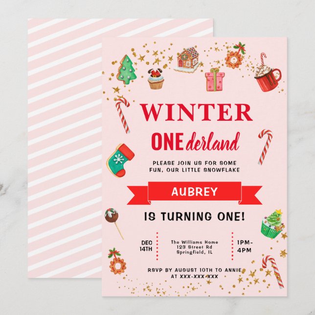 Pink Winter Onederland First Birthday Invitation (Front/Back)