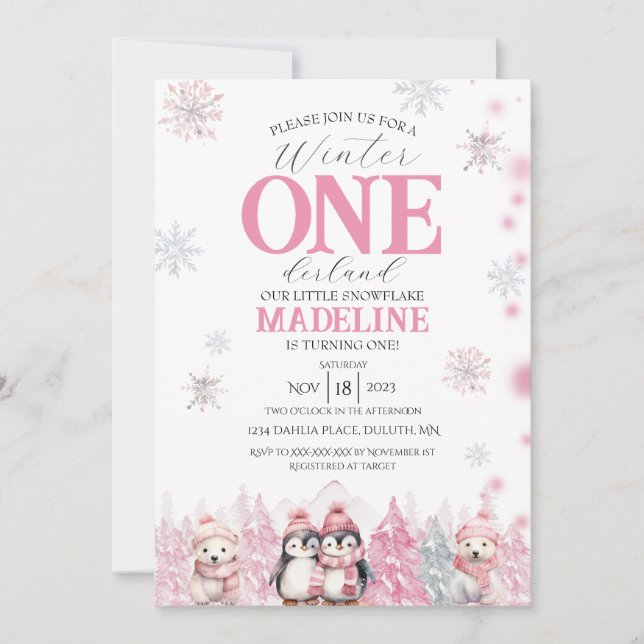 Pink Winter ONEderland Invitation (Front)