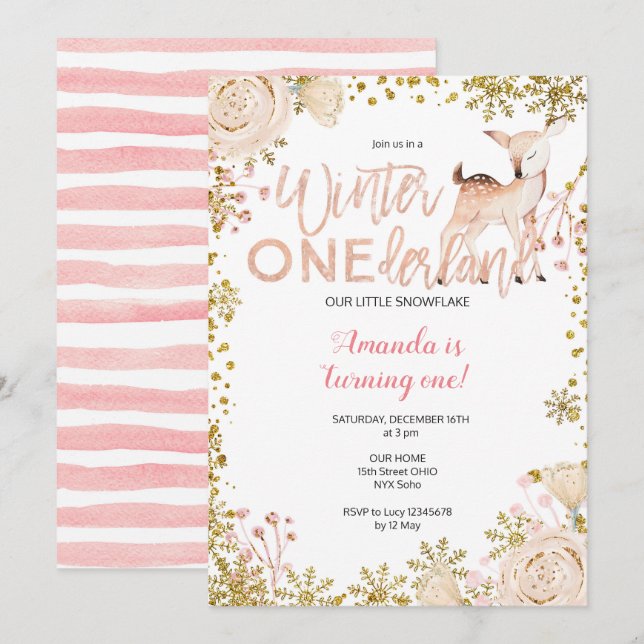 Pink Winter ONEderland Snow Birthday Invite (Front/Back)