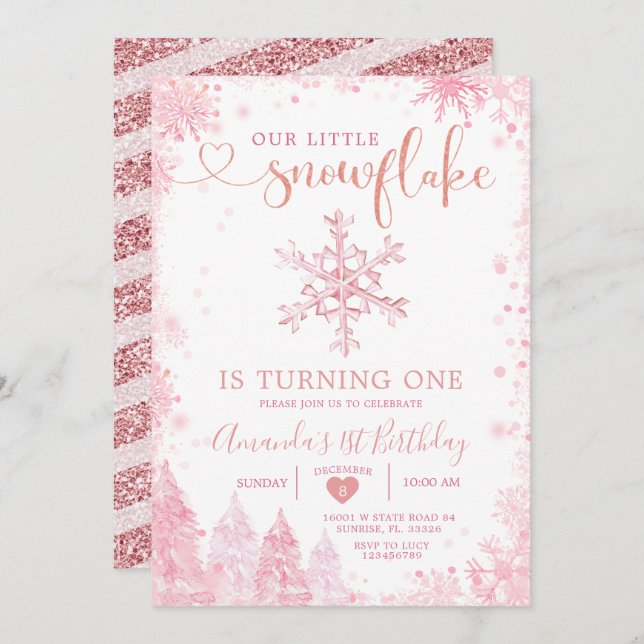 Pink Winter Onederland Snowflake 1st Birthday Invi Invitation (Front/Back)