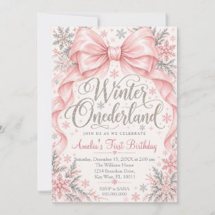 Pink Winter Onederland Snowflake First Birthday Invitation