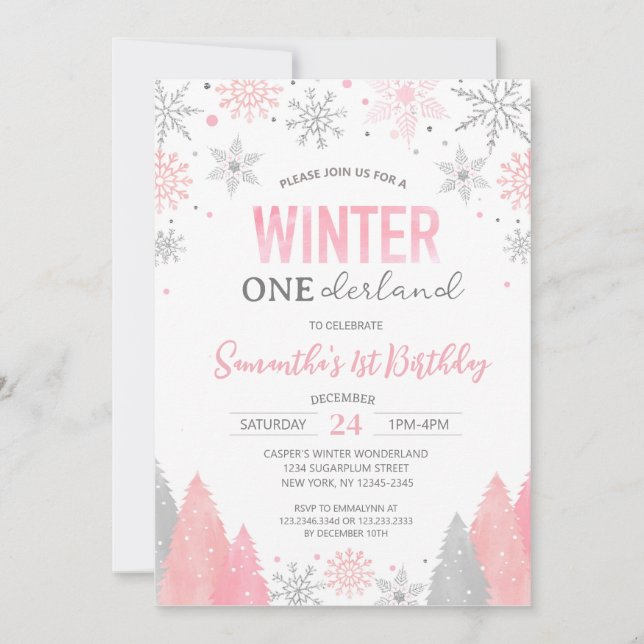 Pink Winter Onederland Snowflakes 1st Birthday Invitation (Front)
