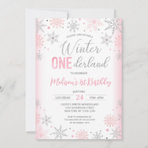 Pink Winter Onederland Snowflakes First Birthday Invitation