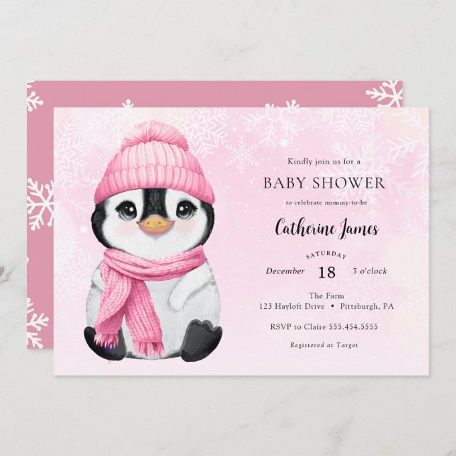 Pink Winter Penguin Baby Shower invitation (Front/Back)