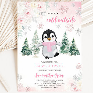 Pink Winter Penguin Baby Shower Invitation