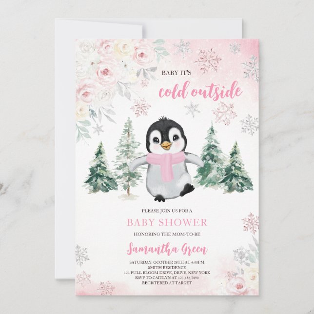 Pink Winter Penguin Baby Shower Invitation (Front)