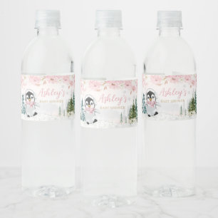 Pink Winter Penguin Baby Shower  Water Bottle Label