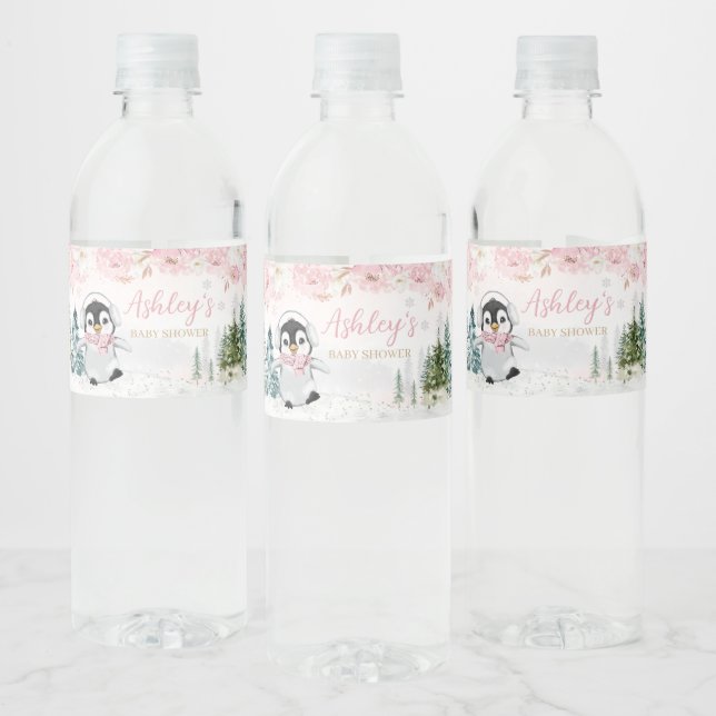 Pink Winter Penguin Baby Shower  Water Bottle Label (Bottles)