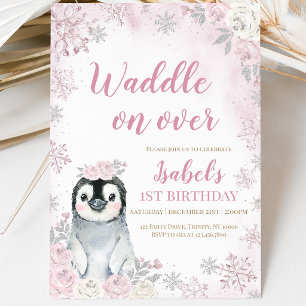 Pink Winter Penguin Birthday Party Invitation
