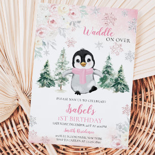 Pink Winter Penguin Birthday Party Invitation