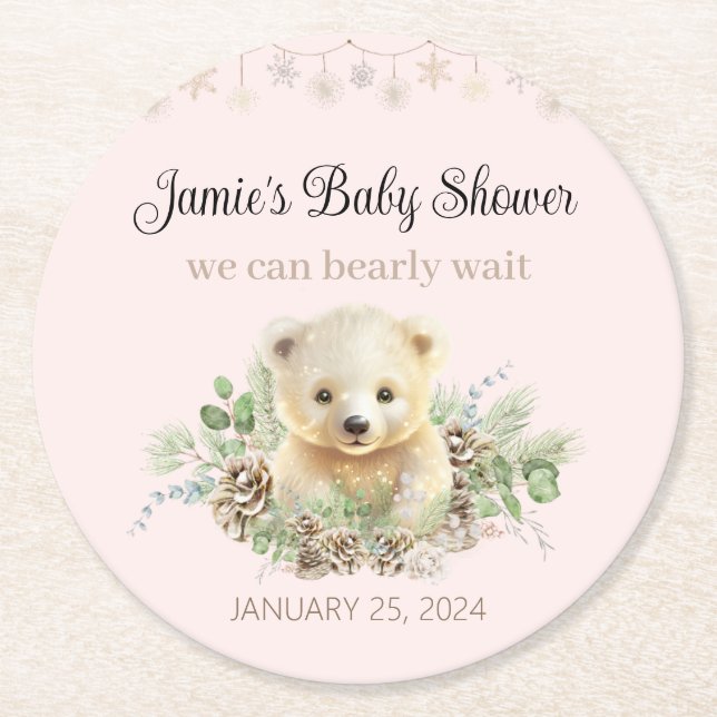 Pink Winter Polar Bear Gender Neutral Baby Shower Round Paper Coaster (Front)