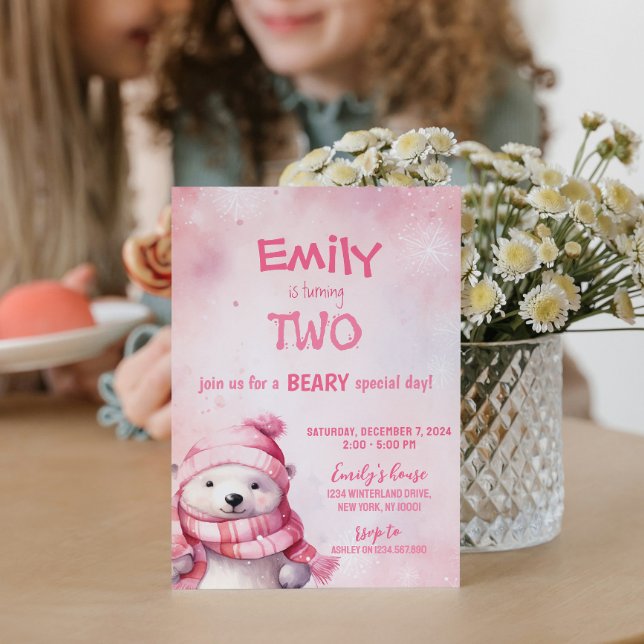 Pink Winter Polar Bear Snowflakes Birthday Party Invitation (Creator Uploaded)