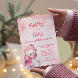 Pink Winter Polar Bear Snowflakes Birthday Party Invitation