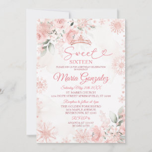 Pink Winter Rose Gold Floral Sweet 16 Birthday Invitation