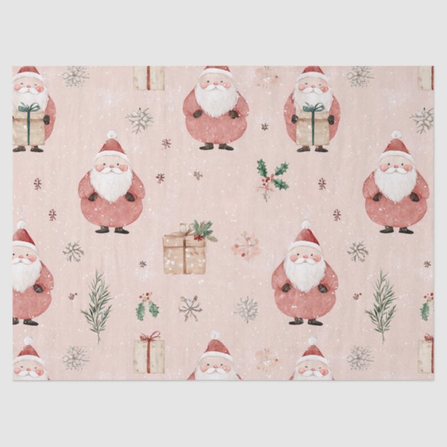 Pink Winter - Santa Claus, Snowflakes, Holly (3) Tissue Paper (Front)